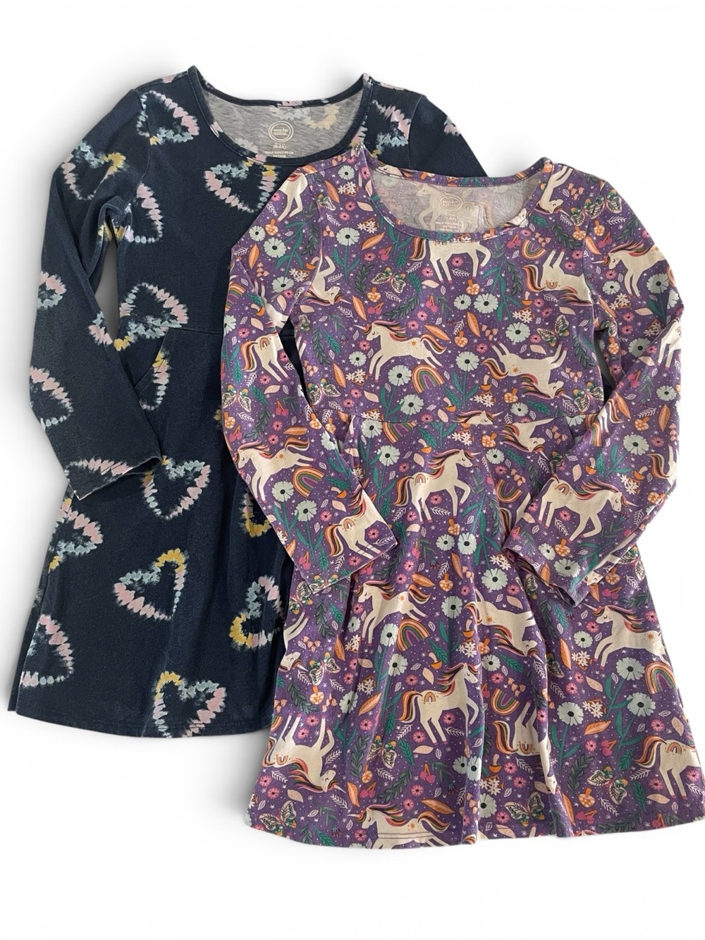 Lot of 2 Girls' Long Sleeve Dresses - Purple Unicorn & Navy Heart Prints 6/6x